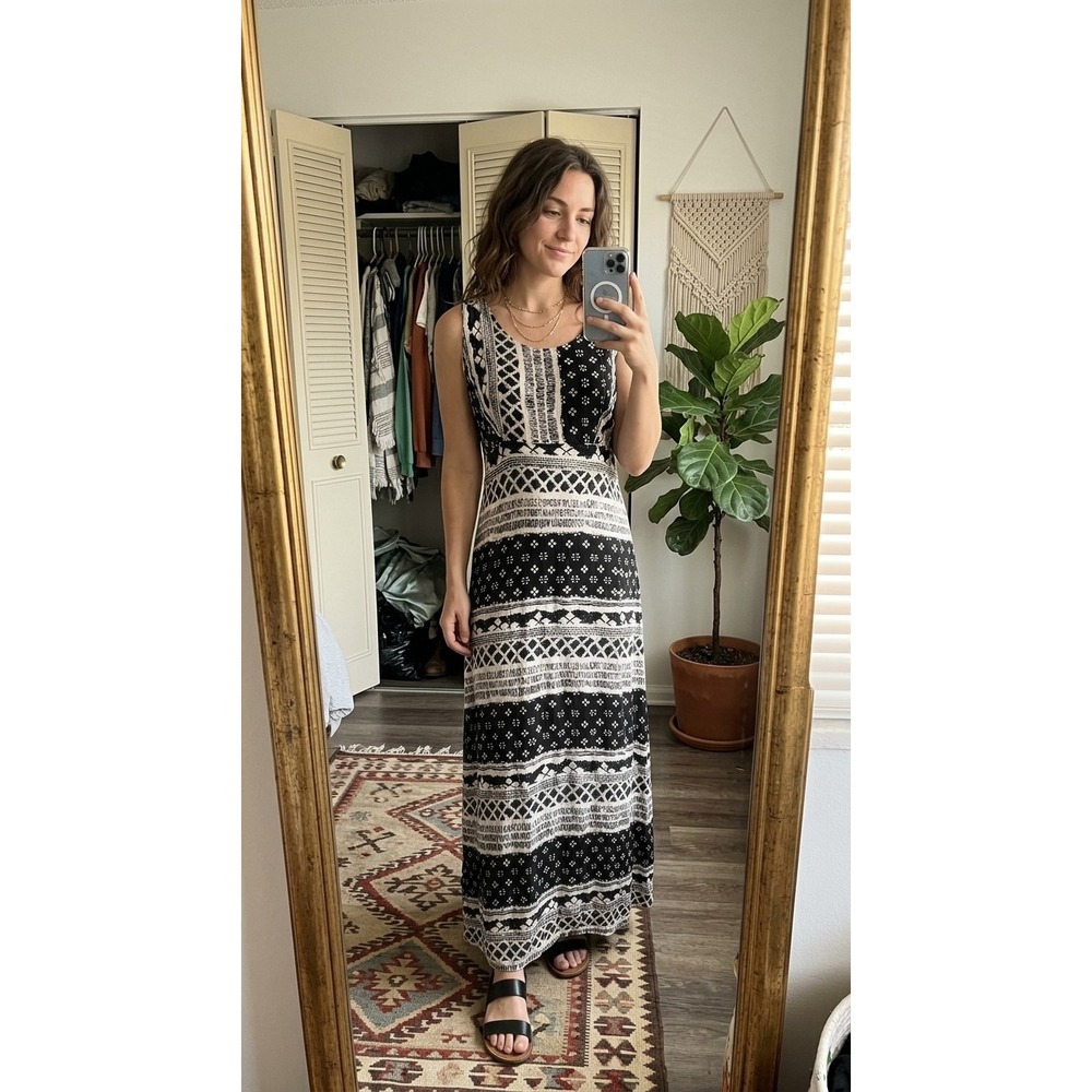 Nina Leonard Y2K Grunge Empire Cream Black Geometric Dress Maxi Full Zip 10